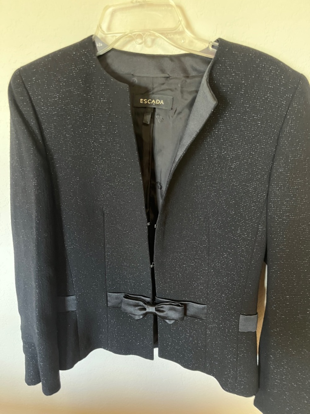 Escada Black Sparkle Collarless Jacket with Satin Bow